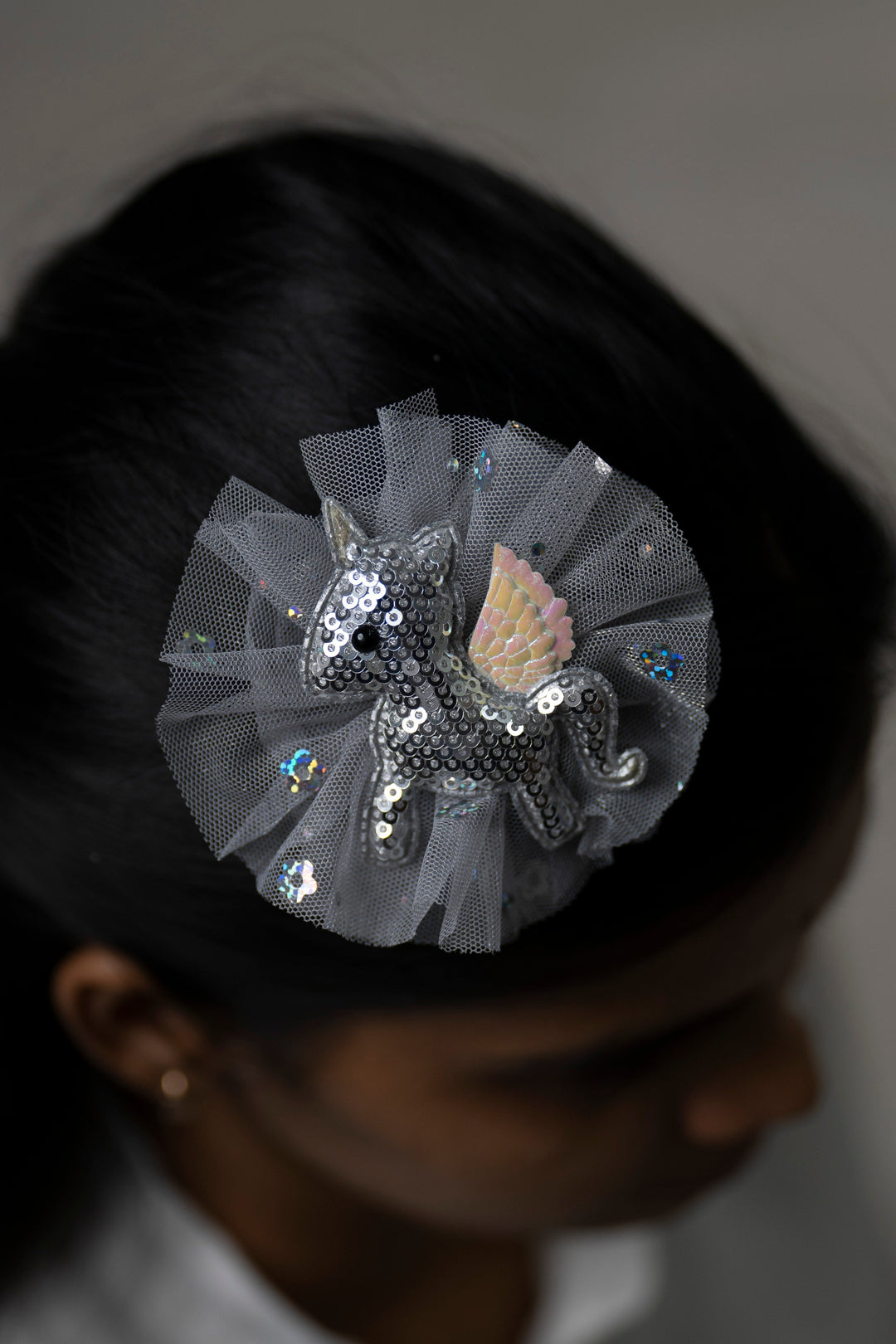 The Nesavu Hair Clip Mystical Sequin Grey Unicorn Hair Clip with Tulle Accents Nesavu Gray JHCL64B Grey Sequined Unicorn Hair Clip | Magical Hair Accessories | The Nesavu