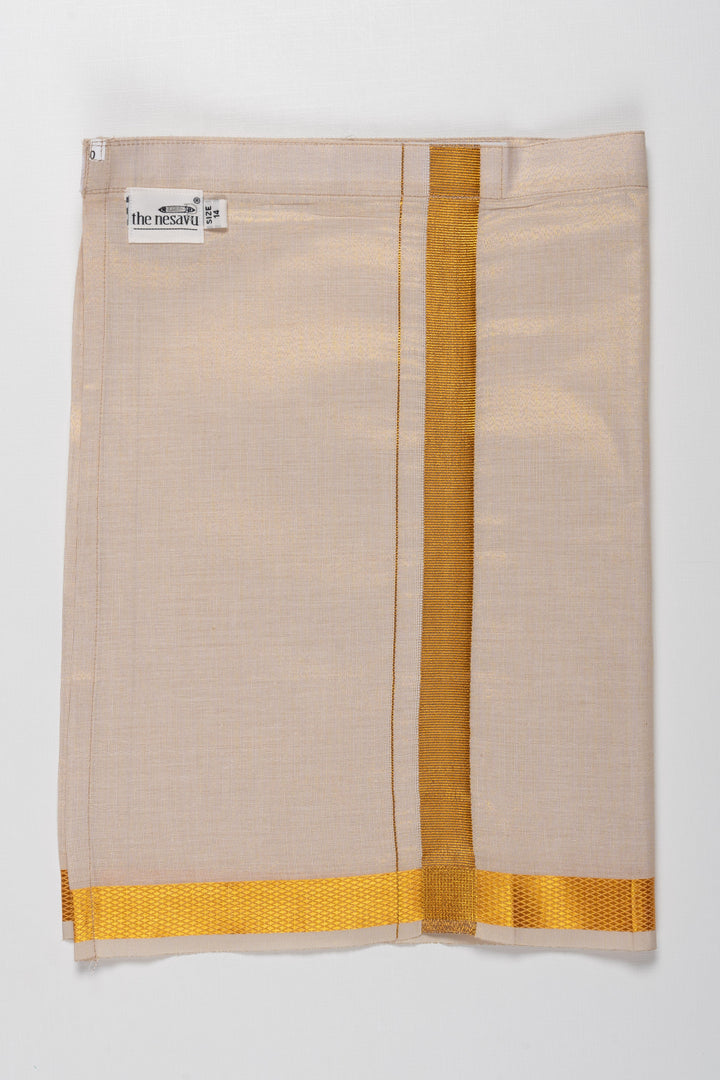 The Nesavu Boys Vesti Natural Beige Handwoven Silk Boys Dhoti with Golden Accents Nesavu 14 (6M) / Beige / Gold Tissue D010A-14 Elegant Handwoven Silk Dhoti for Boys | Beige and Gold Traditional Attire | The Nesavu