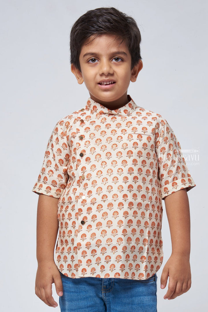 The Nesavu Boys Linen Shirt Natural Blossom: Boys Beige Cotton Shirt with Floral Prints, Mandarin Collar Nesavu 12 (3M) / Beige BS074-12 Boys Cotton Shirt | Latest Design Side Button Closure | The Nesavu