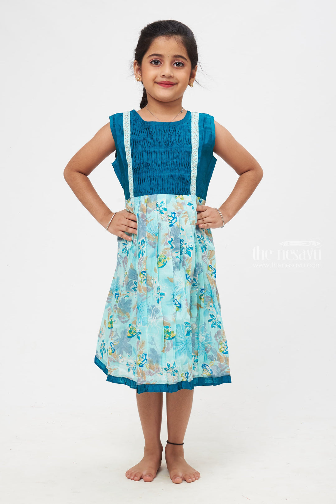 The Nesavu Girls Cotton Frock Natures Beauty in Fabric : Enchanted Teal Floral Fusion Dress with Lace Trimmings Nesavu 14 (6M) / Blue / Cotton GFC1167A-14 A Twist to Traditional | Contemporary Cotton Frock Styles for Girls | The Nesavu