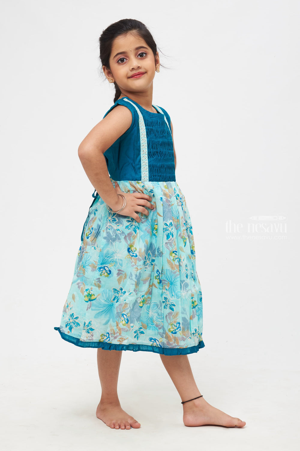 The Nesavu Girls Cotton Frock Natures Beauty in Fabric : Enchanted Teal Floral Fusion Dress with Lace Trimmings Nesavu A Twist to Traditional | Contemporary Cotton Frock Styles for Girls | The Nesavu