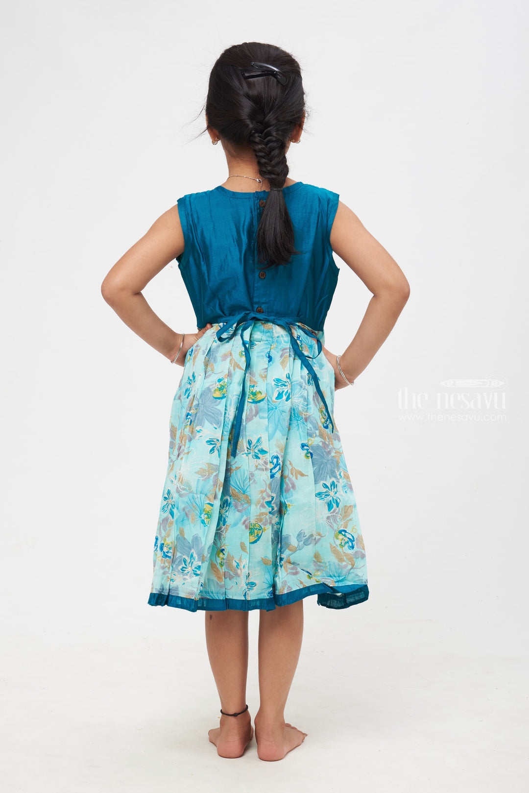 The Nesavu Girls Cotton Frock Natures Beauty in Fabric : Enchanted Teal Floral Fusion Dress with Lace Trimmings Nesavu A Twist to Traditional | Contemporary Cotton Frock Styles for Girls | The Nesavu