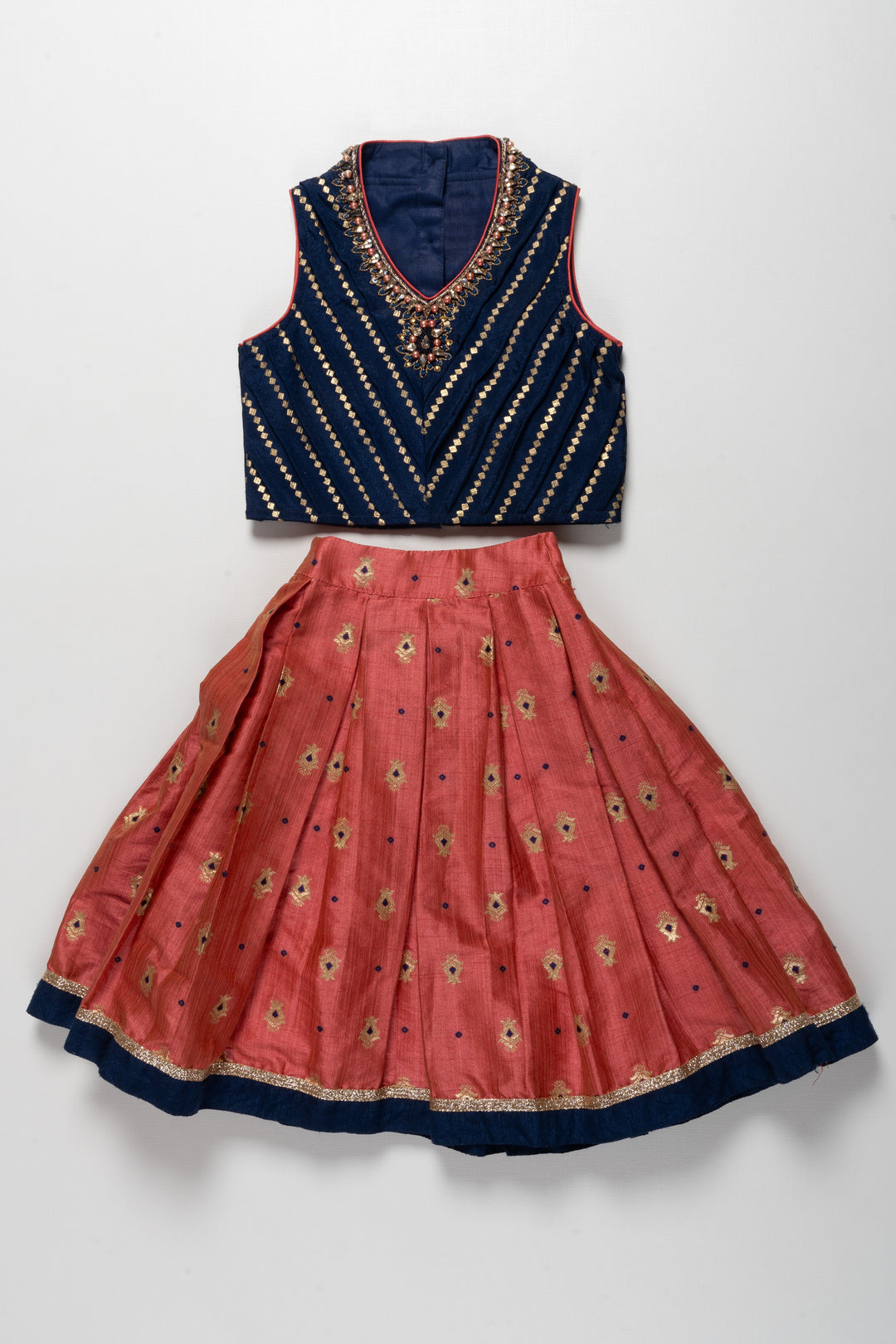 The Nesavu Girls Lehenga Choli Navy Blue and Coral Embroidered Girls Lehenga Choli Set - Exquisite Festive Wear Nesavu 14 (6M) / Red GL203-14 Navy Blue and Coral Embroidered Girls Lehenga Choli Set | Exquisite Festive Wear | The Nesavu