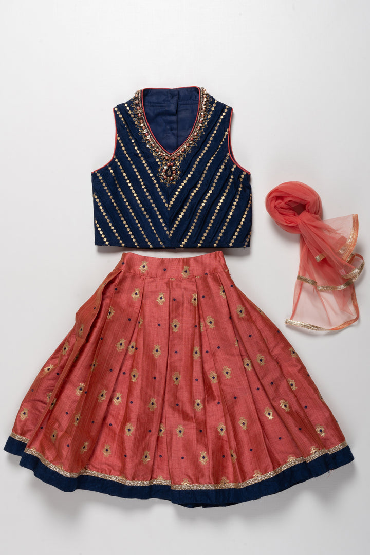The Nesavu Girls Lehenga Choli Navy Blue and Coral Embroidered Girls Lehenga Choli Set - Exquisite Festive Wear Nesavu Navy Blue and Coral Embroidered Girls Lehenga Choli Set | Exquisite Festive Wear | The Nesavu