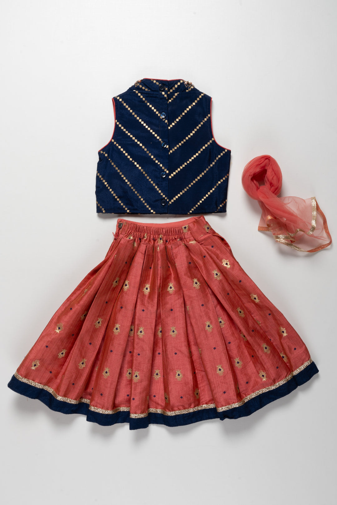 The Nesavu Girls Lehenga Choli Navy Blue and Coral Embroidered Girls Lehenga Choli Set - Exquisite Festive Wear Nesavu Navy Blue and Coral Embroidered Girls Lehenga Choli Set | Exquisite Festive Wear | The Nesavu