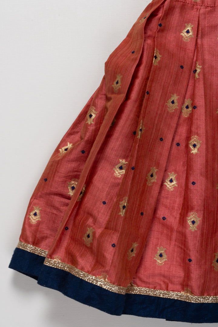 The Nesavu Girls Lehenga Choli Navy Blue and Coral Embroidered Girls Lehenga Choli Set - Exquisite Festive Wear Nesavu Navy Blue and Coral Embroidered Girls Lehenga Choli Set | Exquisite Festive Wear | The Nesavu