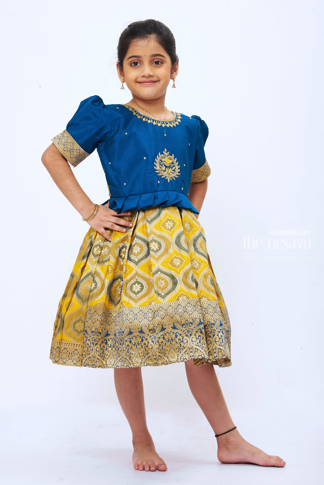 The Nesavu Silk Party Frock Navy Blue and Mustard Zari Embroidered Silk Frock - Traditional Luxury for Girls Nesavu Traditional Navy & Mustard Silk Frock | Girls' Zari Embroidered Dress | The Nesavu
