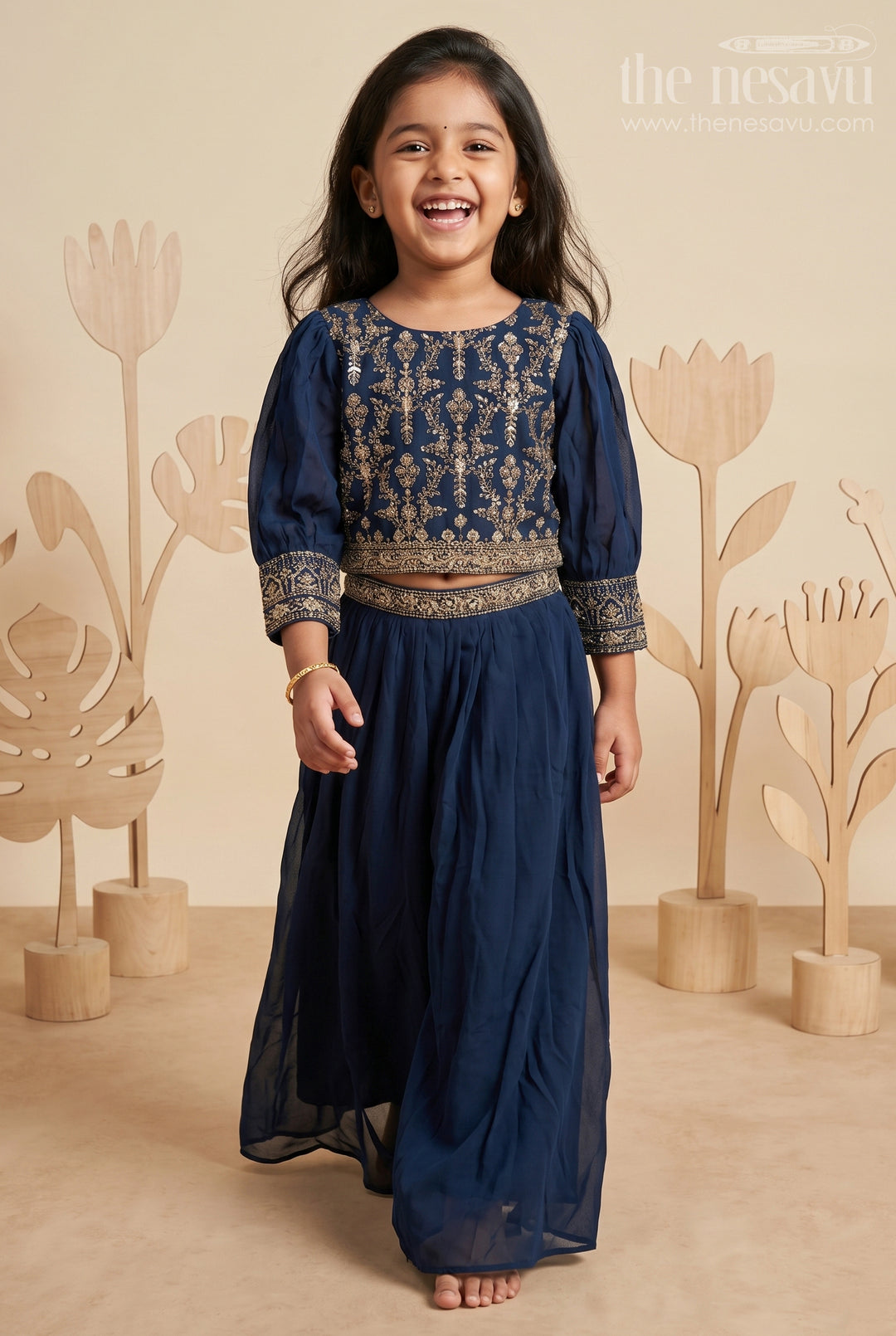 The Nesavu Girls Sharara / Plazo Set Navy Blue Chinon Silk Sharara Set with Embroidery Nesavu 18 (2Y) / Blue GPS379A-18 Navy Blue Chinon Silk Sharara Set with Embroidery - Nesavu