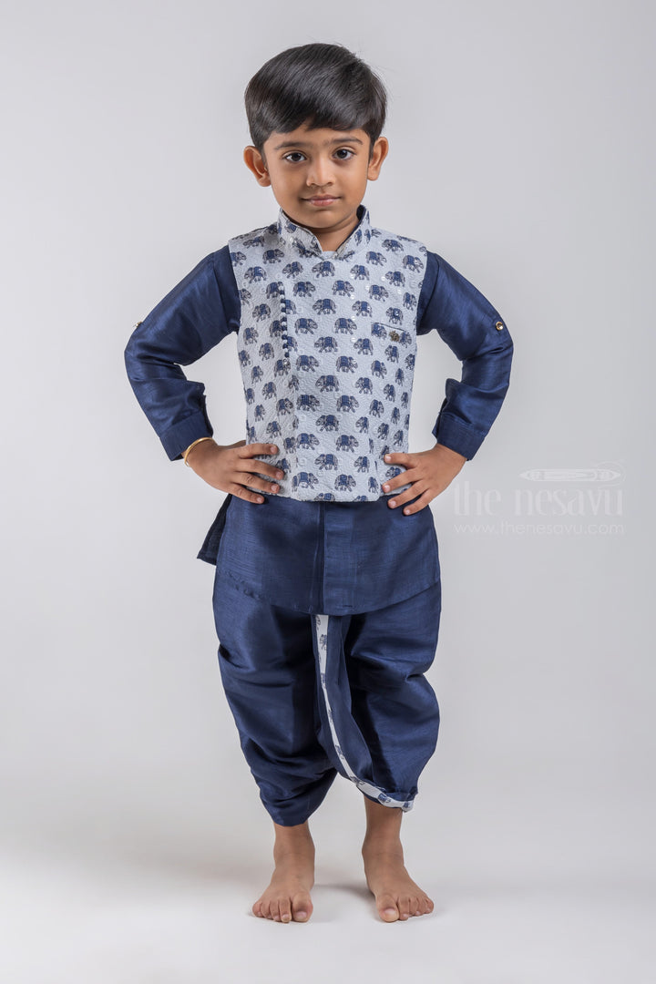 The Nesavu Boys Jacket Sets Navy Blue Cotton Boys Ethnic Kurta with Animal Printed White Overcoat and Navy Dhoti and Pant Nesavu 10 (NB) / Blue / Silk Blend BES345A Boys Ethnic Kurta Set | Boys Traditional wear | The Nesavu