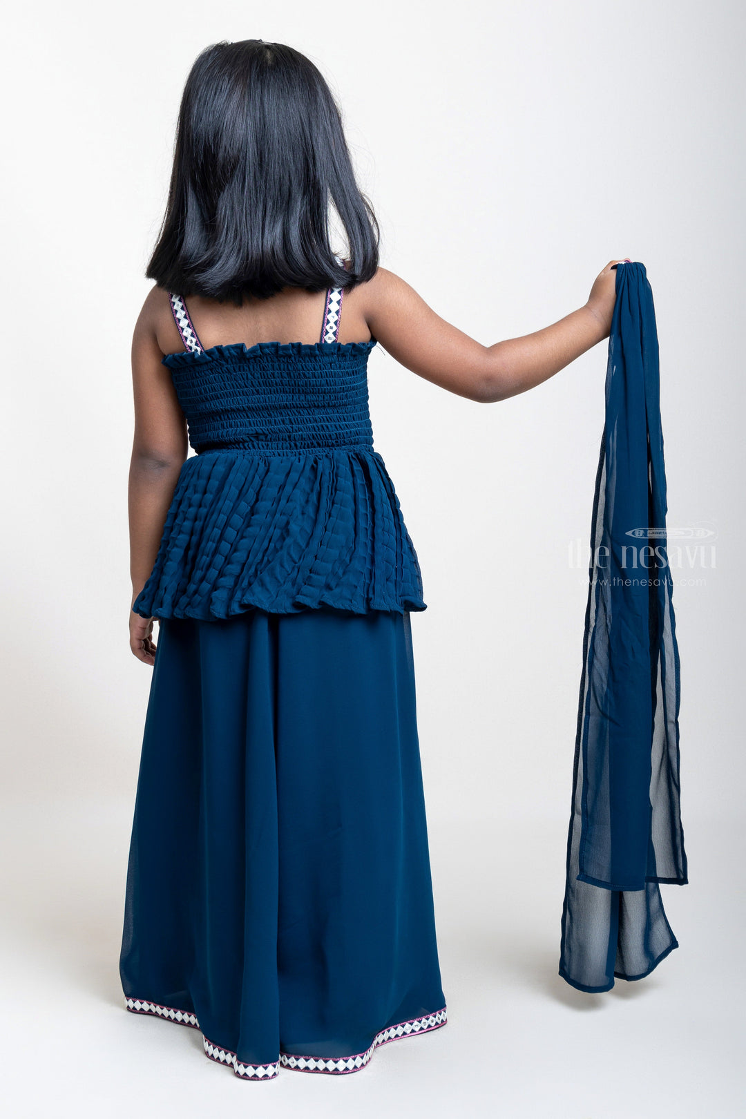 The Nesavu Girls Sharara / Plazo Set Navy Blue Embroidery Sequin Crushed Tunic Tops With Lace Trim Palazzo psr silks Nesavu