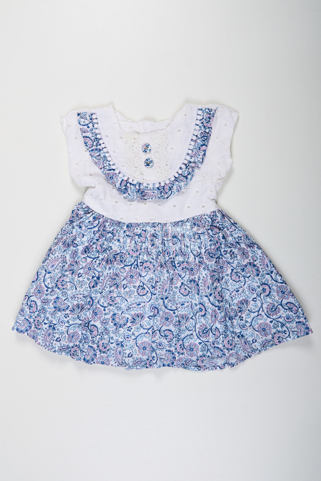 The Nesavu Baby Cotton Frocks Navy Blue Frock for Baby Girls with Hakoba Lace Yoke and Printed Cotton Flared Skirt Nesavu 12 (3M) / Blue BFJ781A-12 Nesavu Navy Blue Frock Baby Girls Printed Cotton Skirt Hakoba Lace Yoke