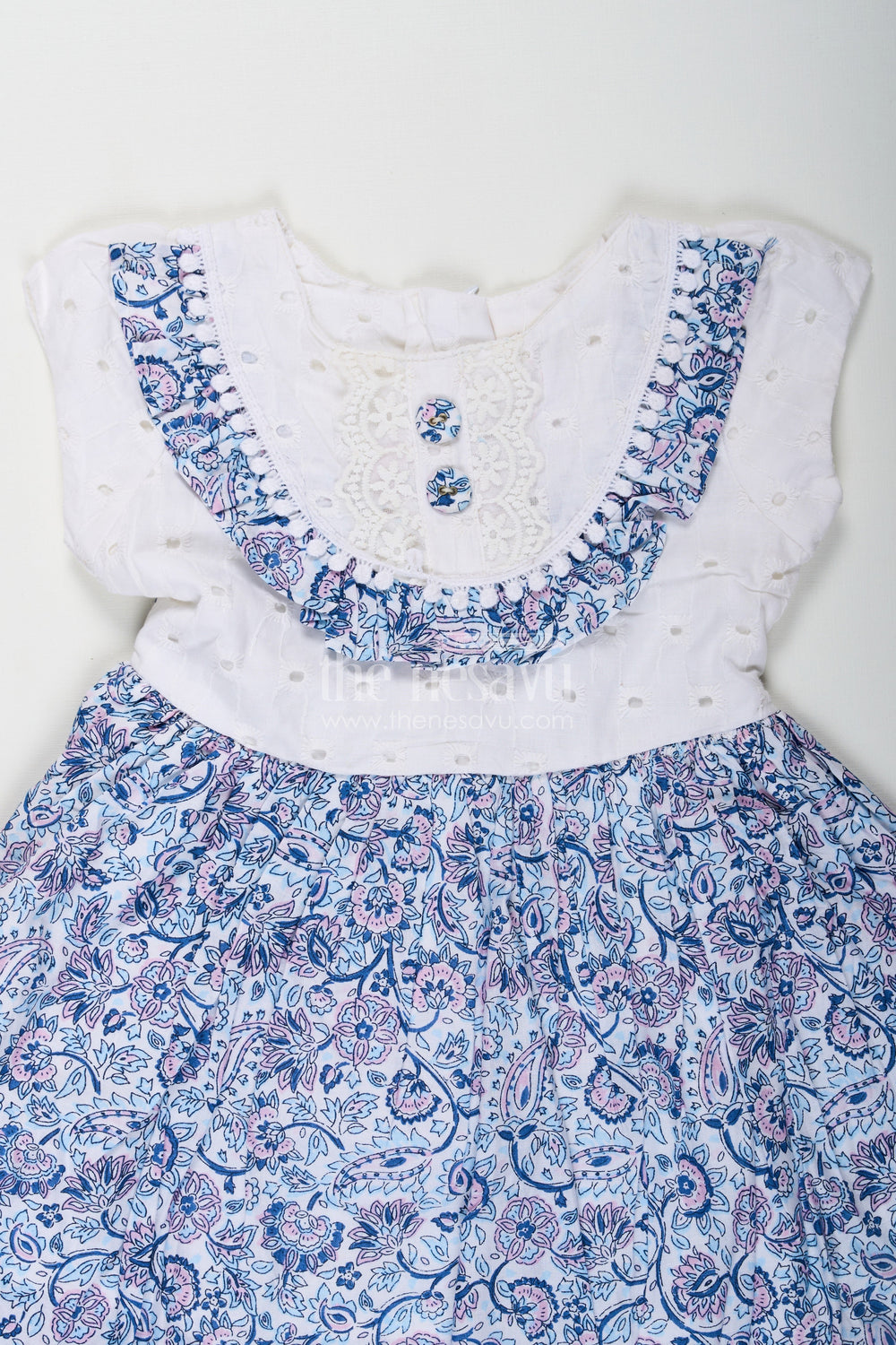 The Nesavu Baby Cotton Frocks Navy Blue Frock for Baby Girls with Hakoba Lace Yoke and Printed Cotton Flared Skirt Nesavu Nesavu Navy Blue Frock Baby Girls Printed Cotton Skirt Hakoba Lace Yoke