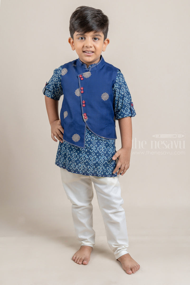 The Nesavu Boys Jacket Sets Navy Blue Ikat Printed Boys Kurta with Overcoat and White Pant Nesavu 12 (3M) / Blue / Cotton BES342A Shop Navy Blue Ikat Printed Boys Kurta with Overcoat and White Pant Online | Festive and Party Wear | The Nesavu