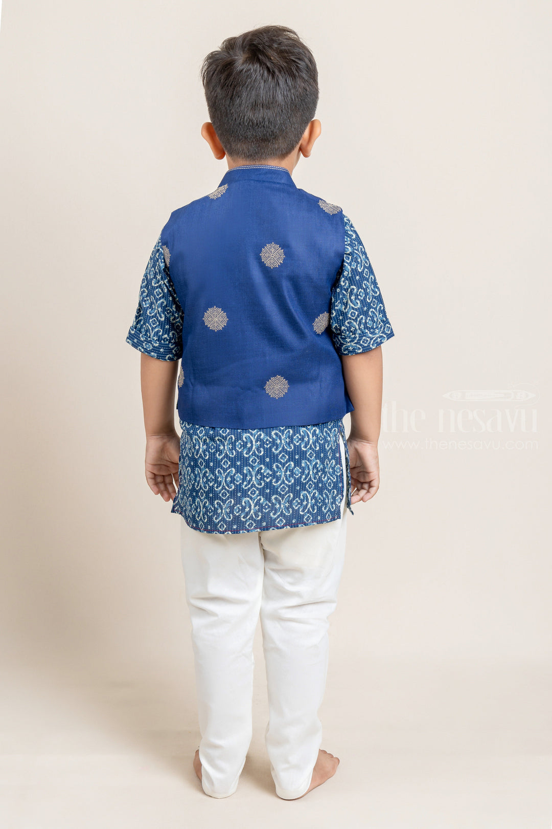 The Nesavu Boys Jacket Sets Navy Blue Ikat Printed Boys Kurta with Overcoat and White Pant Nesavu Shop Navy Blue Ikat Printed Boys Kurta with Overcoat and White Pant Online | Festive and Party Wear | The Nesavu