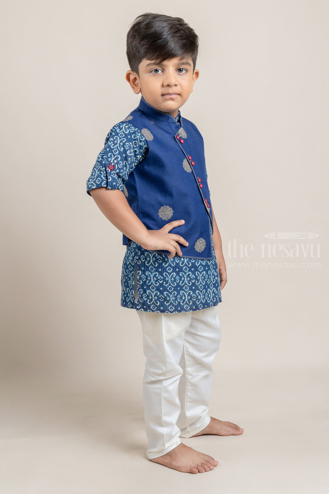 The Nesavu Boys Jacket Sets Navy Blue Ikat Printed Boys Kurta with Overcoat and White Pant Nesavu Shop Navy Blue Ikat Printed Boys Kurta with Overcoat and White Pant Online | Festive and Party Wear | The Nesavu