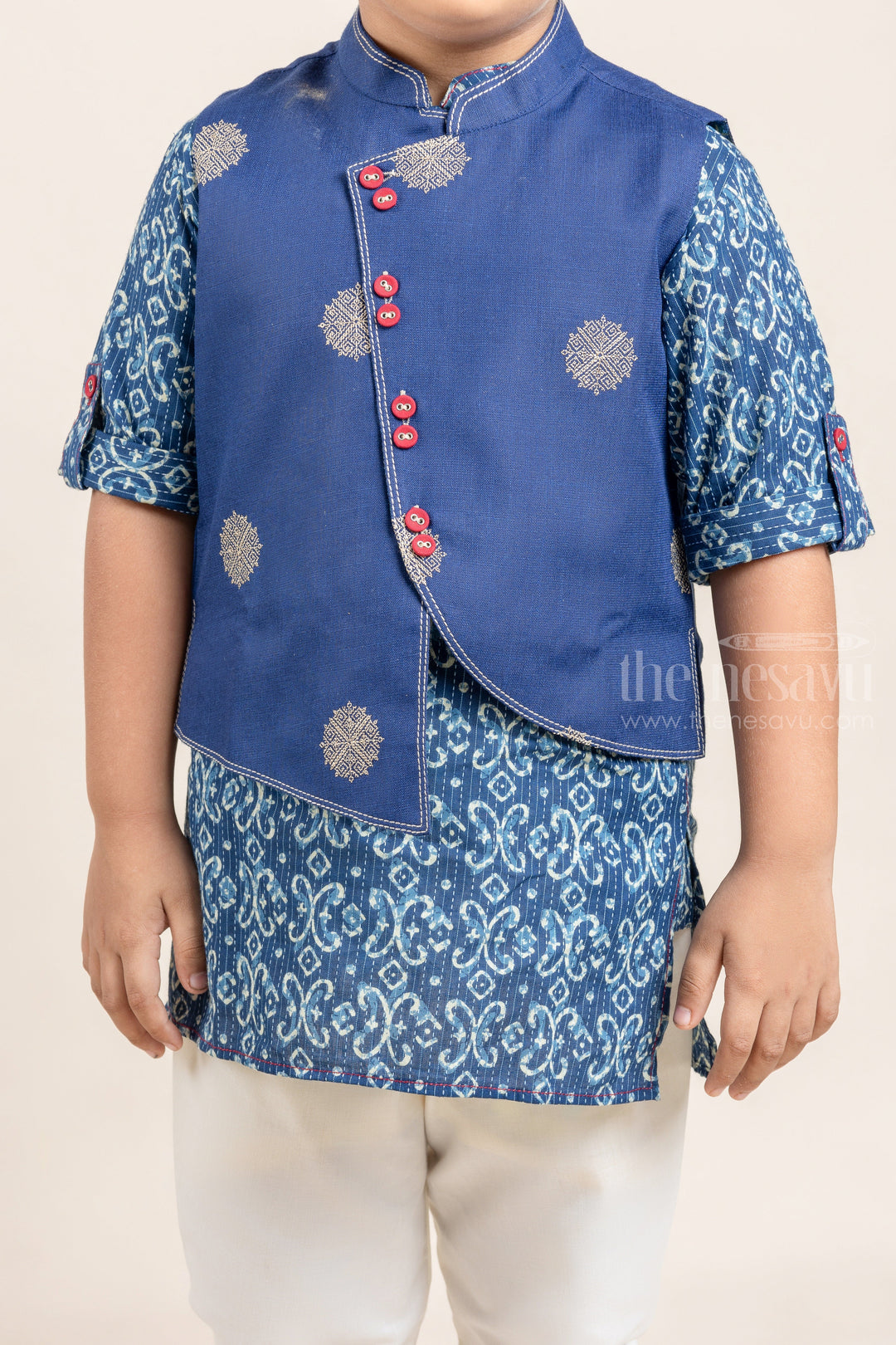 The Nesavu Boys Jacket Sets Navy Blue Ikat Printed Boys Kurta with Overcoat and White Pant Nesavu Shop Navy Blue Ikat Printed Boys Kurta with Overcoat and White Pant Online | Festive and Party Wear | The Nesavu