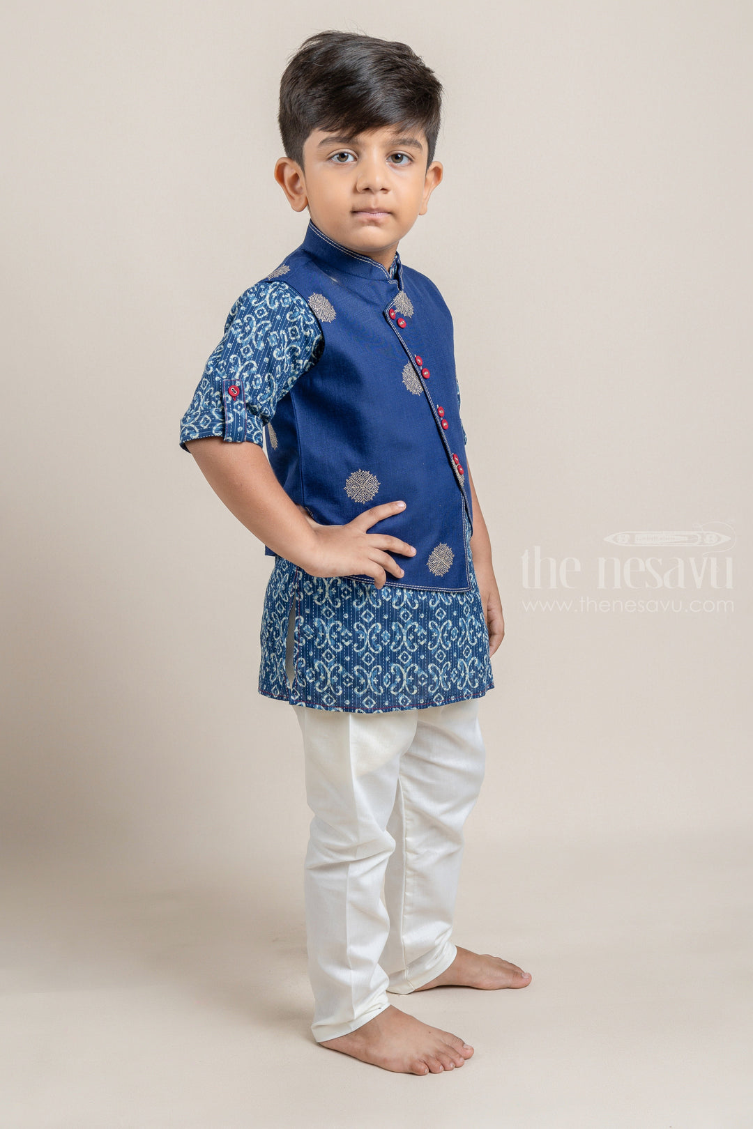 The Nesavu Boys Jacket Sets Navy Blue Ikat Printed Boys Kurta with Overcoat and White Pant Nesavu Shop Navy Blue Ikat Printed Boys Kurta with Overcoat and White Pant Online | Festive and Party Wear | The Nesavu