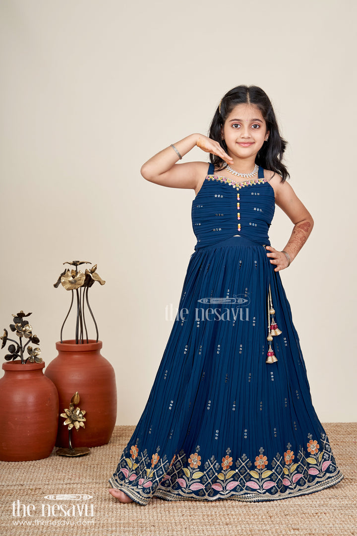 The Nesavu Girls Lehenga Choli Navy Blue Lehenga Choli For Toddler Girl With Floral Embroidery Nesavu 22 (4Y) / Blue GL786A-22 Nesavu Navy Blue Toddler Lehenga Choli Floral Embroidered Outfit Weddings Festivities