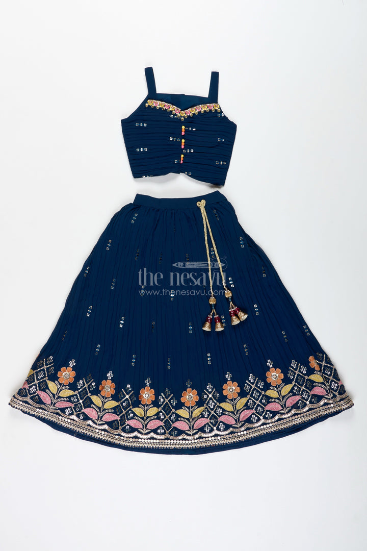 The Nesavu Girls Lehenga Choli Navy Blue Lehenga Choli for Toddler Girl with Floral Embroidery Nesavu Nesavu Navy Blue Toddler Lehenga Choli Floral Embroidered Outfit Weddings Festivities
