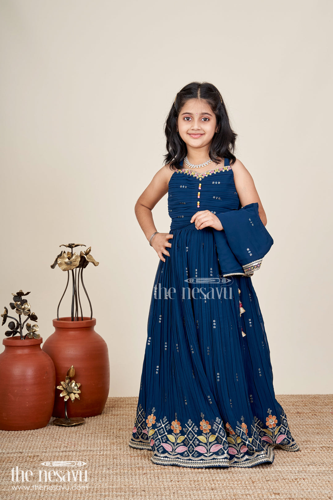 The Nesavu Girls Lehenga Choli Navy Blue Lehenga Choli For Toddler Girl With Floral Embroidery Nesavu Nesavu Navy Blue Toddler Lehenga Choli Floral Embroidered Outfit Weddings Festivities