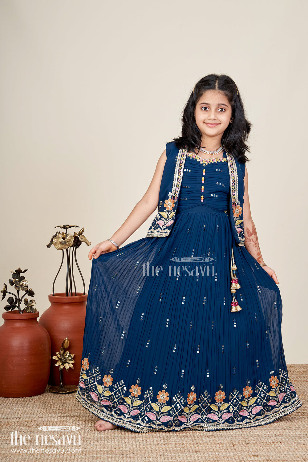 The Nesavu Girls Lehenga Choli Navy Blue Lehenga Choli For Toddler Girl With Floral Embroidery Nesavu Nesavu Navy Blue Toddler Lehenga Choli Floral Embroidered Outfit Weddings Festivities