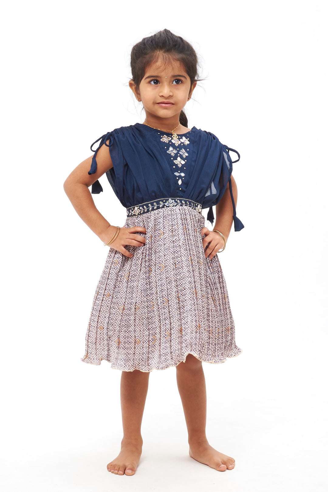 The Nesavu Girls Fancy Party Frock Navy Blue Mirror Embroidered Geometrical Print with Poncho Sleeves Party Frock Nesavu 16 (1Y) / Blue / Organza PF163A-16 Mirror Embroidered Frock | Geometrical Print with Poncho Sleeves for Girls | The Nesavu