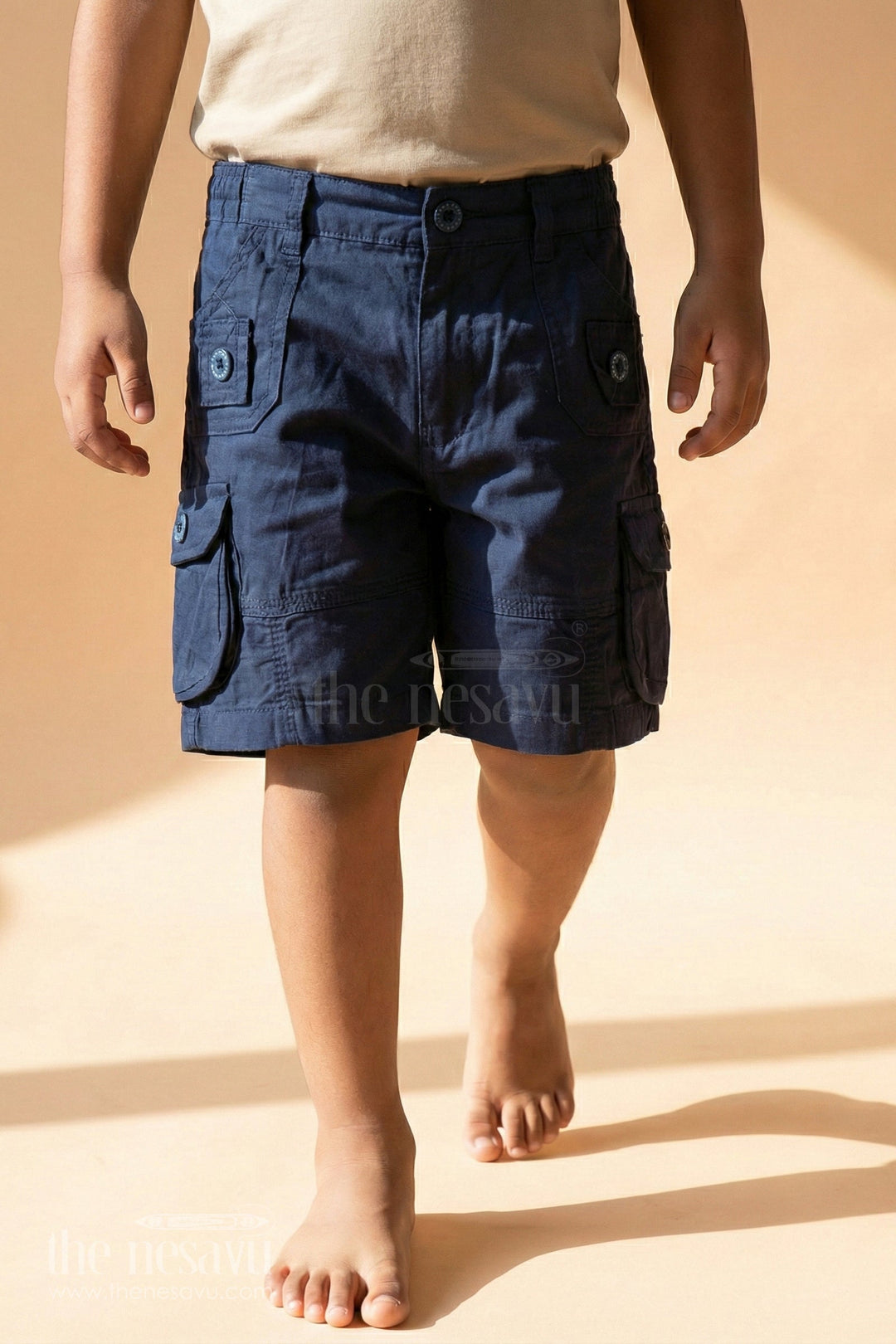 The Nesavu Boys Shorts Navy Cotton Boys Dress Shorts Nesavu 16 (1Y) / Blue BWS004E-16 Navy Cotton Boys Dress Shorts with Elastic Waist Back