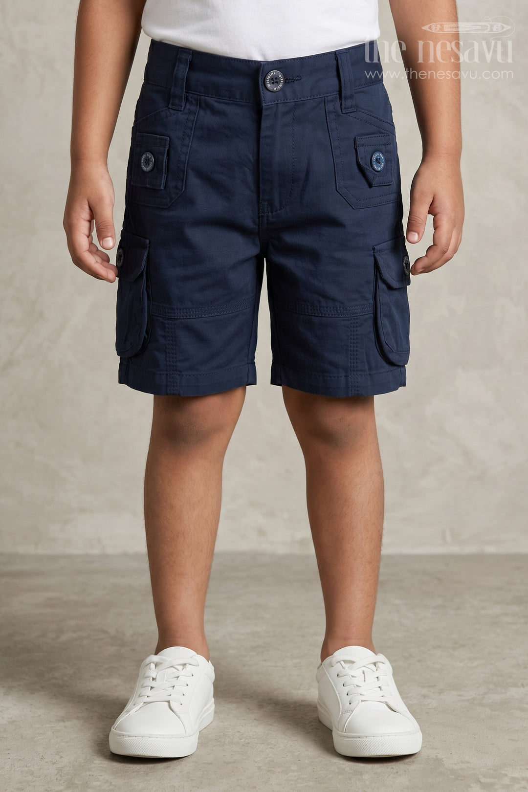 The Nesavu Boys Shorts Navy Cotton Boys Dress Shorts Nesavu 16 (1Y) / Blue BWS004E-16 Navy Cotton Boys Dress Shorts with Elastic Waist Back