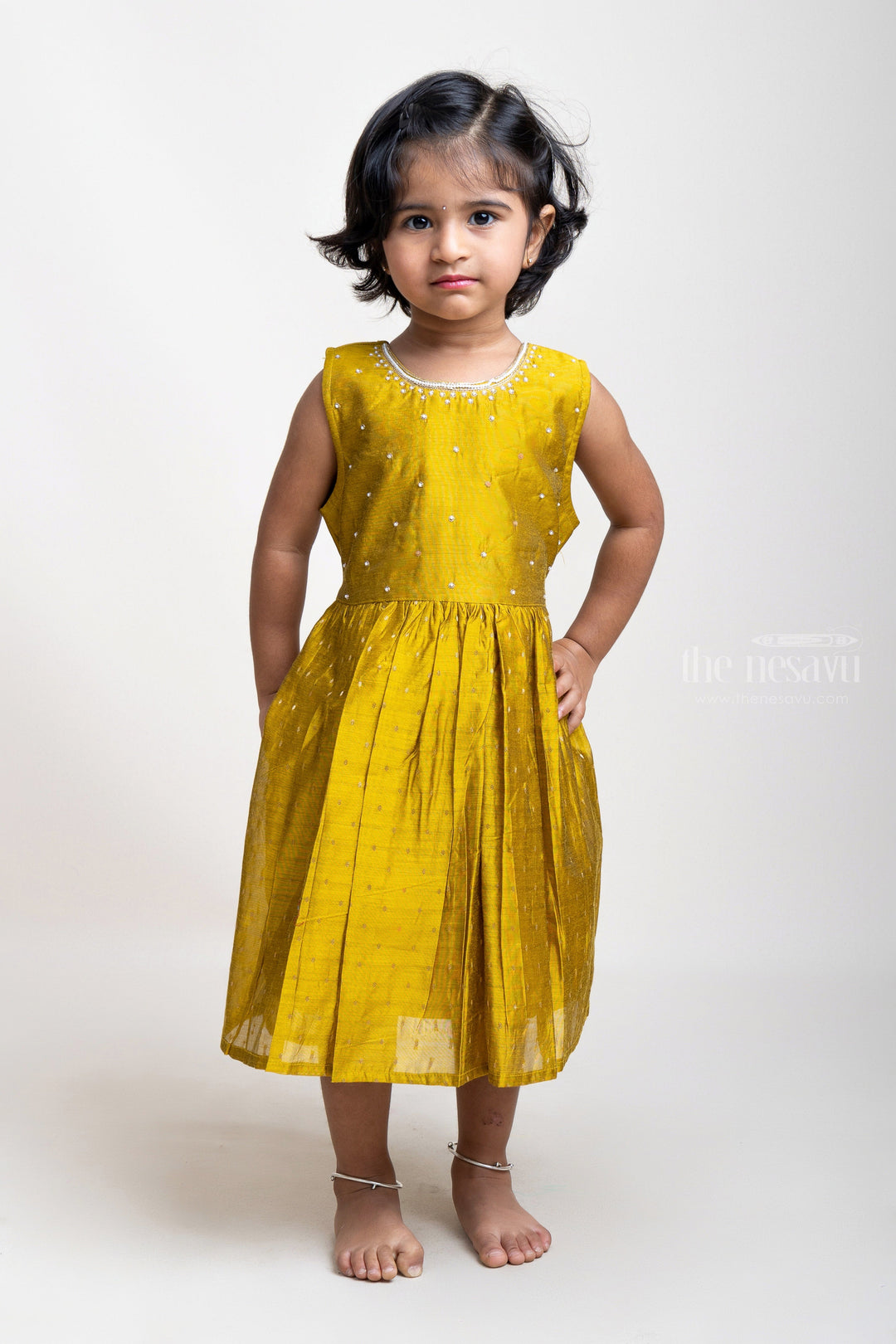 The Nesavu Girls Fancy Frock Neck Embroidery Green Designer Cotton Frock For Girls Nesavu 16 (1Y) / Green / Chanderi GFC981A Fabulous Cotton Frocks Designs | Fancy Frock | The Nesavu