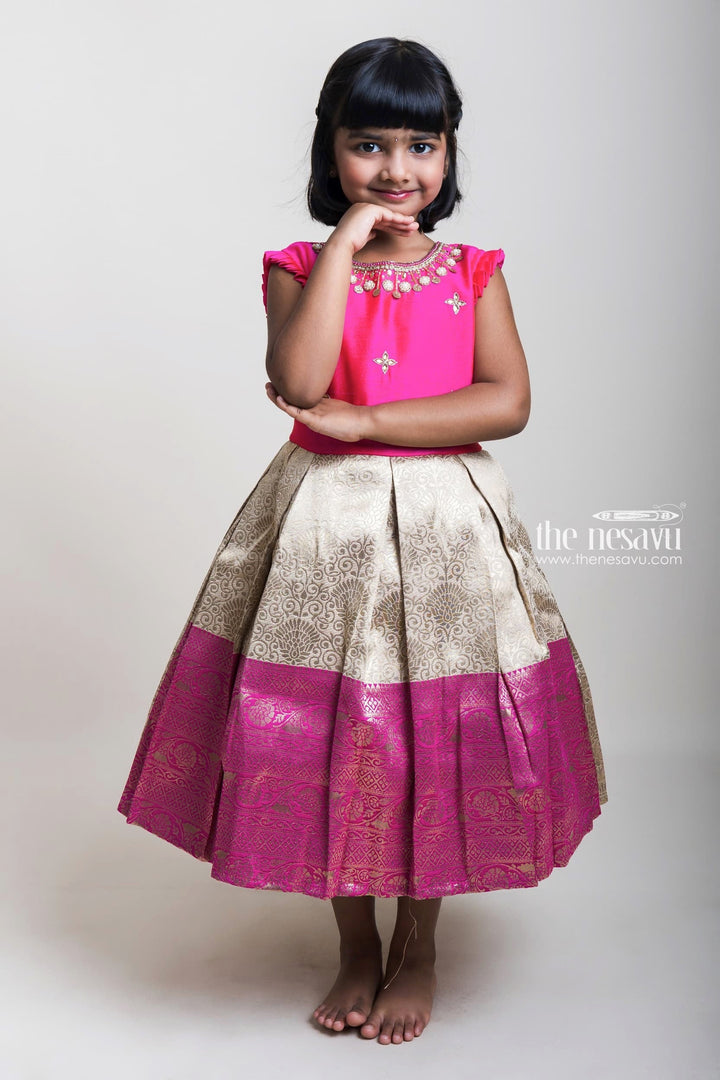 The Nesavu Silk Party Frock Neck Embroidery Pink Yoke And Sandal Semi-Silk Frocks With Long Zari Border Nesavu 16 (1Y) / Pink SF488A-16 Pink And Sandal Semi-Silk Frocks For Girls| Pongal Special Collection| The Nesavu