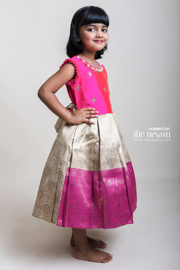 The Nesavu Silk Party Frock Neck Embroidery Pink Yoke And Sandal Semi-Silk Frocks With Long Zari Border Nesavu Pink And Sandal Semi-Silk Frocks For Girls| Pongal Special Collection| The Nesavu
