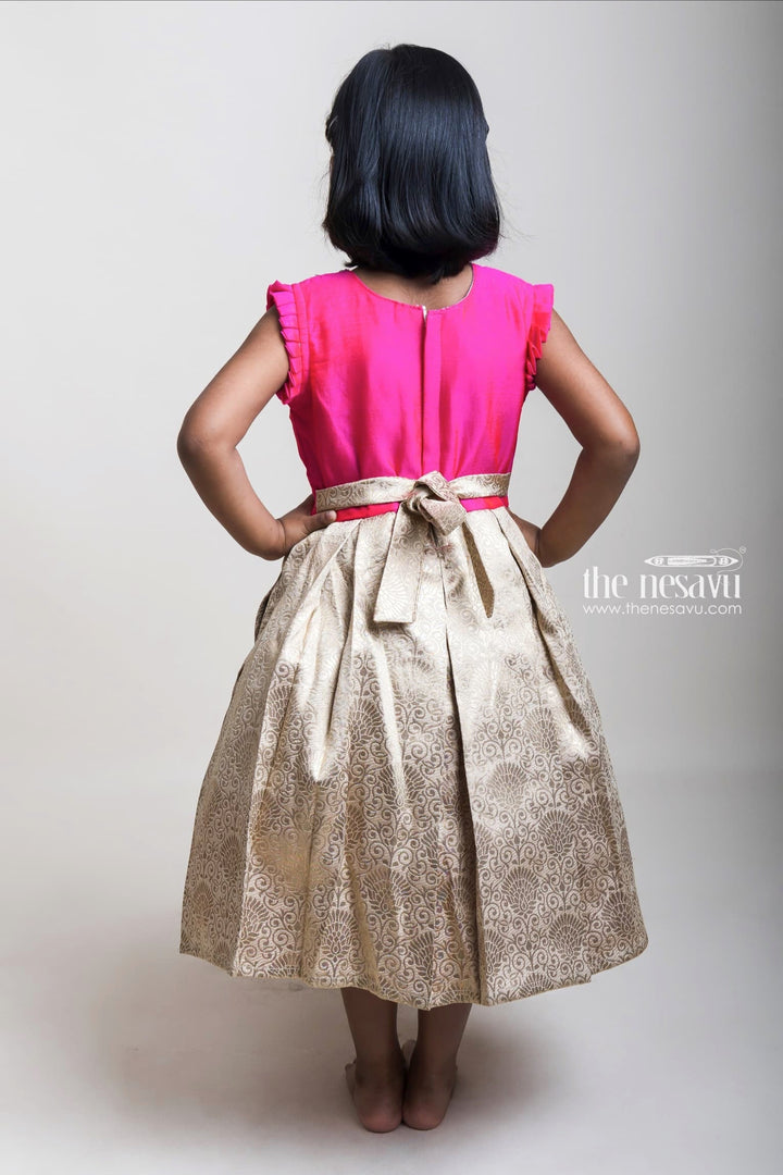 The Nesavu Silk Party Frock Neck Embroidery Pink Yoke And Sandal Semi-Silk Frocks With Long Zari Border Nesavu Pink And Sandal Semi-Silk Frocks For Girls| Pongal Special Collection| The Nesavu