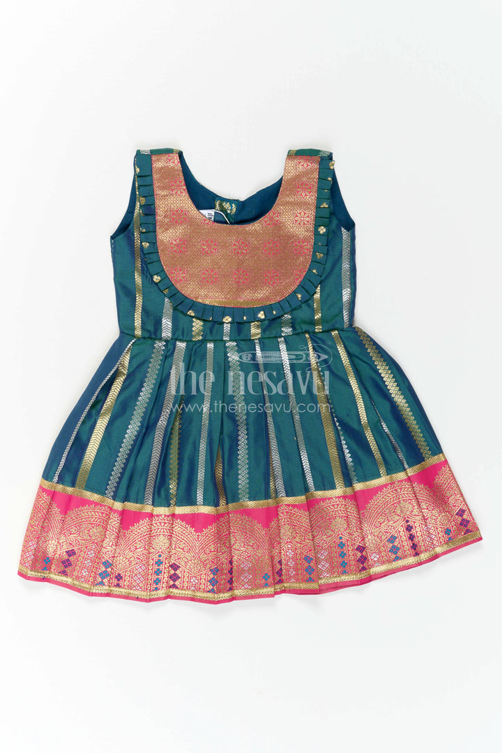 The Nesavu Girls Kanchi Silk Frock Nesavu Baby Girl Kanchi Silk Frock with Woven Stripes and Big Border for Festive Weddings Nesavu 16 (1Y) / Green / Style 3 KSF046AC-16 Nesavu Baby Girl Kanchi Silk Frock With Woven Stripes And Big Border For Festive Weddings