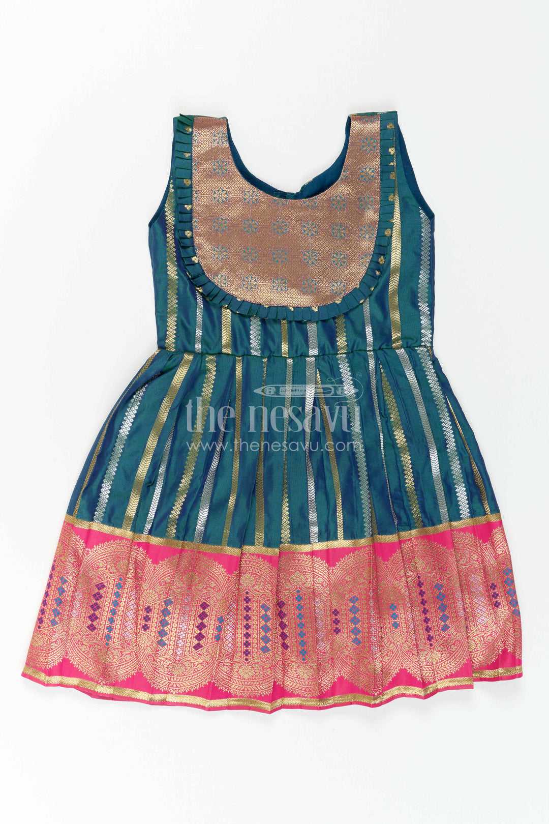 The Nesavu Girls Kanchi Silk Frock Nesavu Baby Girl Kanchi Silk Frock with Woven Stripes and Big Border for Festive Weddings Nesavu 24 (5Y) / Green / Style 2 KSF046AB-24 Nesavu Baby Girl Kanchi Silk Frock With Woven Stripes And Big Border For Festive Weddings