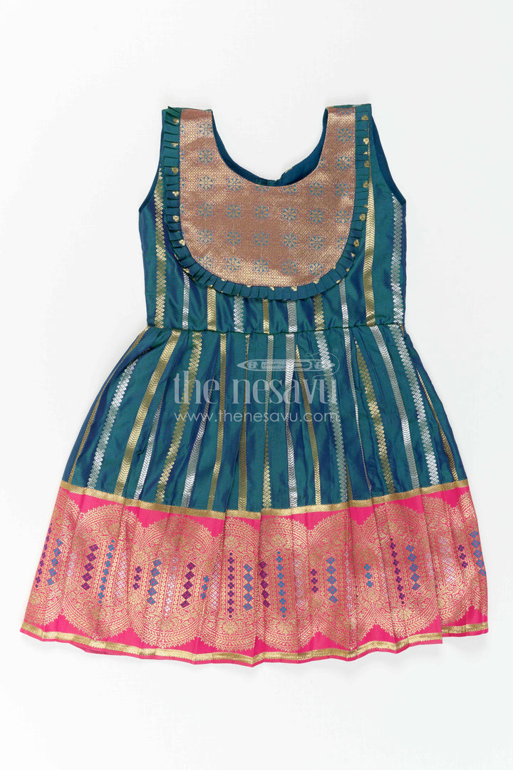 The Nesavu Girls Kanchi Silk Frock Nesavu Baby Girl Kanchi Silk Frock with Woven Stripes and Big Border for Festive Weddings Nesavu 24 (5Y) / Green / Style 2 KSF046AB-24 Nesavu Baby Girl Kanchi Silk Frock With Woven Stripes And Big Border For Festive Weddings