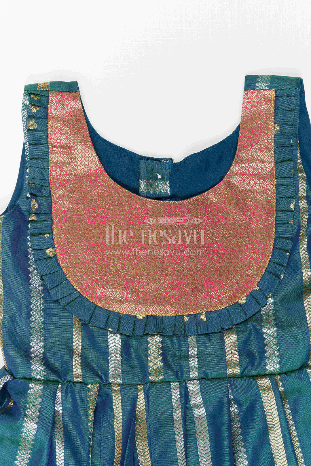 The Nesavu Girls Kanchi Silk Frock Nesavu Baby Girl Kanchi Silk Frock with Woven Stripes and Big Border for Festive Weddings Nesavu Nesavu Baby Girl Kanchi Silk Frock With Woven Stripes And Big Border For Festive Weddings
