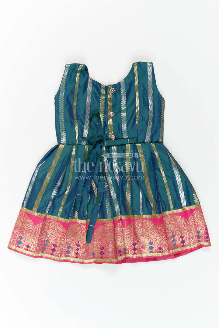 The Nesavu Girls Kanchi Silk Frock Nesavu Baby Girl Kanchi Silk Frock with Woven Stripes and Big Border for Festive Weddings Nesavu Nesavu Baby Girl Kanchi Silk Frock With Woven Stripes And Big Border For Festive Weddings