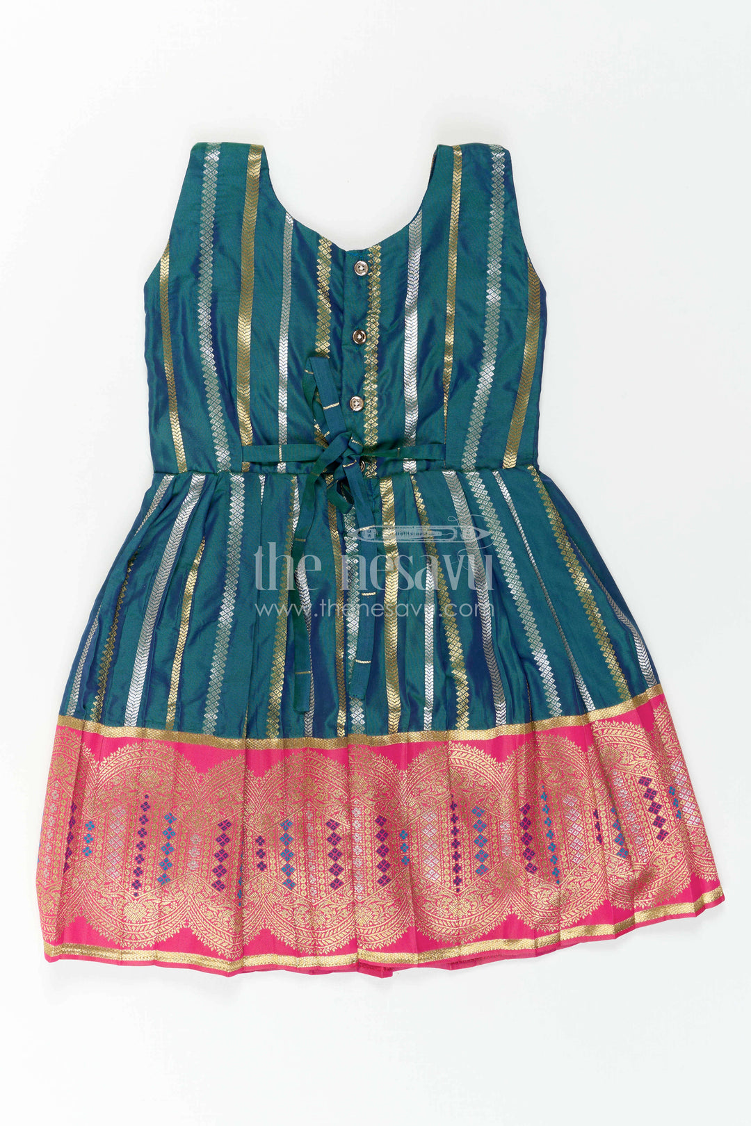 The Nesavu Girls Kanchi Silk Frock Nesavu Baby Girl Kanchi Silk Frock with Woven Stripes and Big Border for Festive Weddings Nesavu Nesavu Baby Girl Kanchi Silk Frock With Woven Stripes And Big Border For Festive Weddings