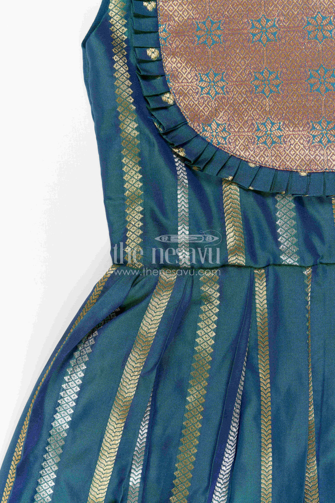 The Nesavu Girls Kanchi Silk Frock Nesavu Baby Girl Kanchi Silk Frock with Woven Stripes and Big Border for Festive Weddings Nesavu Nesavu Baby Girl Kanchi Silk Frock With Woven Stripes And Big Border For Festive Weddings
