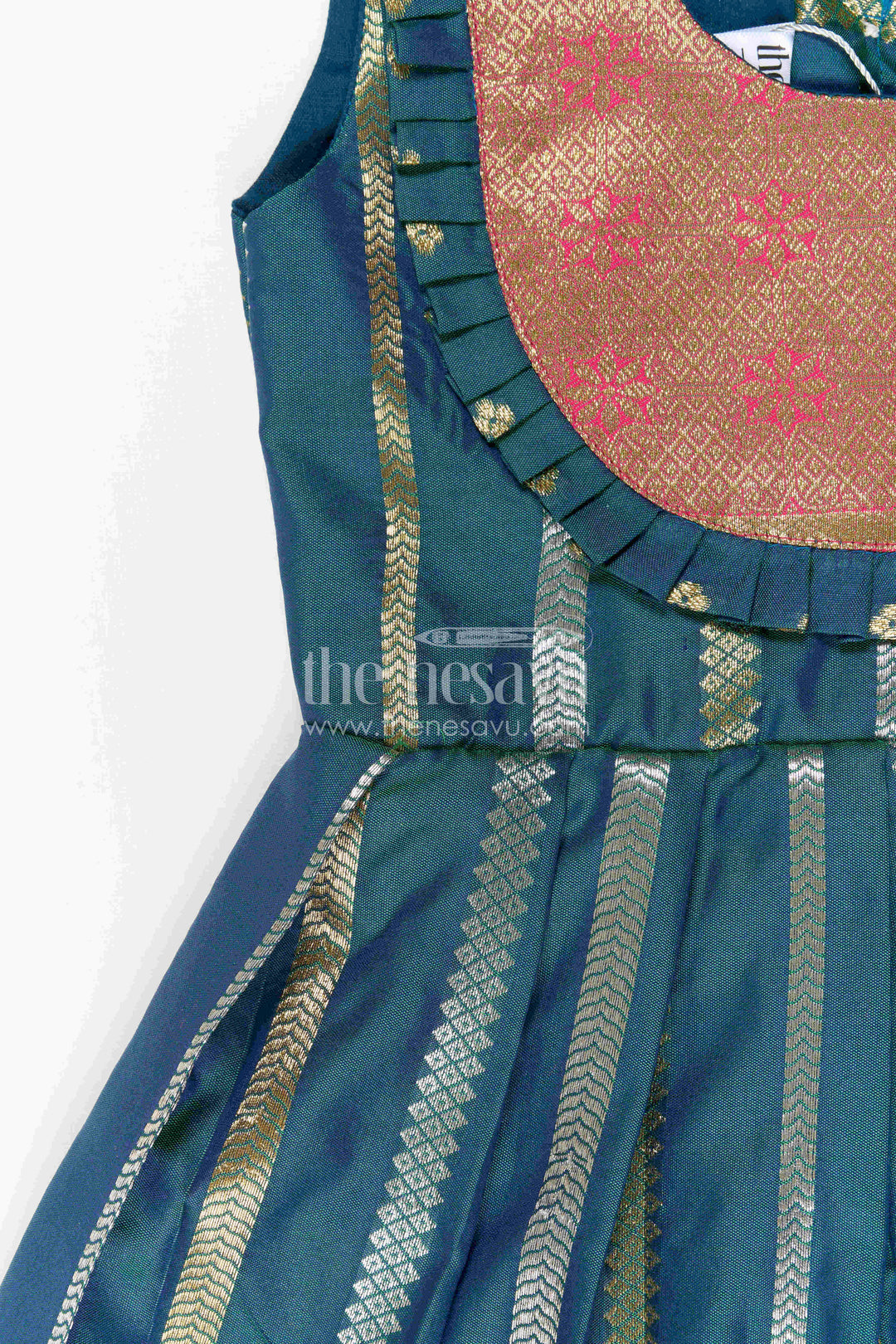 The Nesavu Girls Kanchi Silk Frock Nesavu Baby Girl Kanchi Silk Frock with Woven Stripes and Big Border for Festive Weddings Nesavu Nesavu Baby Girl Kanchi Silk Frock With Woven Stripes And Big Border For Festive Weddings