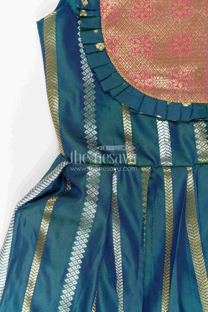 The Nesavu Girls Kanchi Silk Frock Nesavu Baby Girl Kanchi Silk Frock with Woven Stripes and Big Border for Festive Weddings Nesavu Nesavu Baby Girl Kanchi Silk Frock With Woven Stripes And Big Border For Festive Weddings
