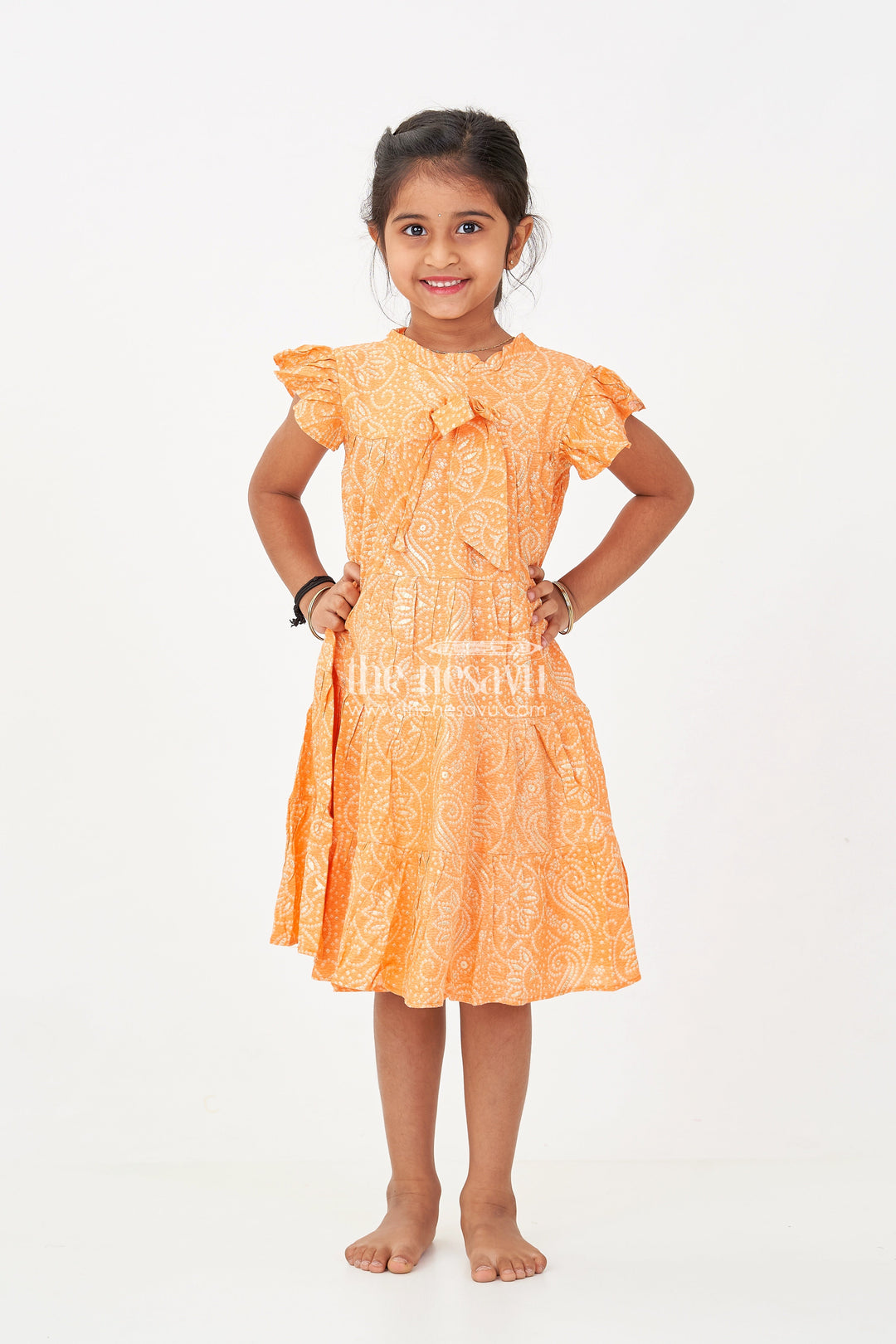 The Nesavu Girls Cotton Frock Nesavu Casual Cotton Frocks for Girls in Rayon with Orange Bandhani Print and Gold Foil Details Nesavu 18 (2Y) / Orange GFC1698B-18 Nesavu Casual Cotton Frocks Girls Rayon Orange Bandhani Print Gold Foil Details