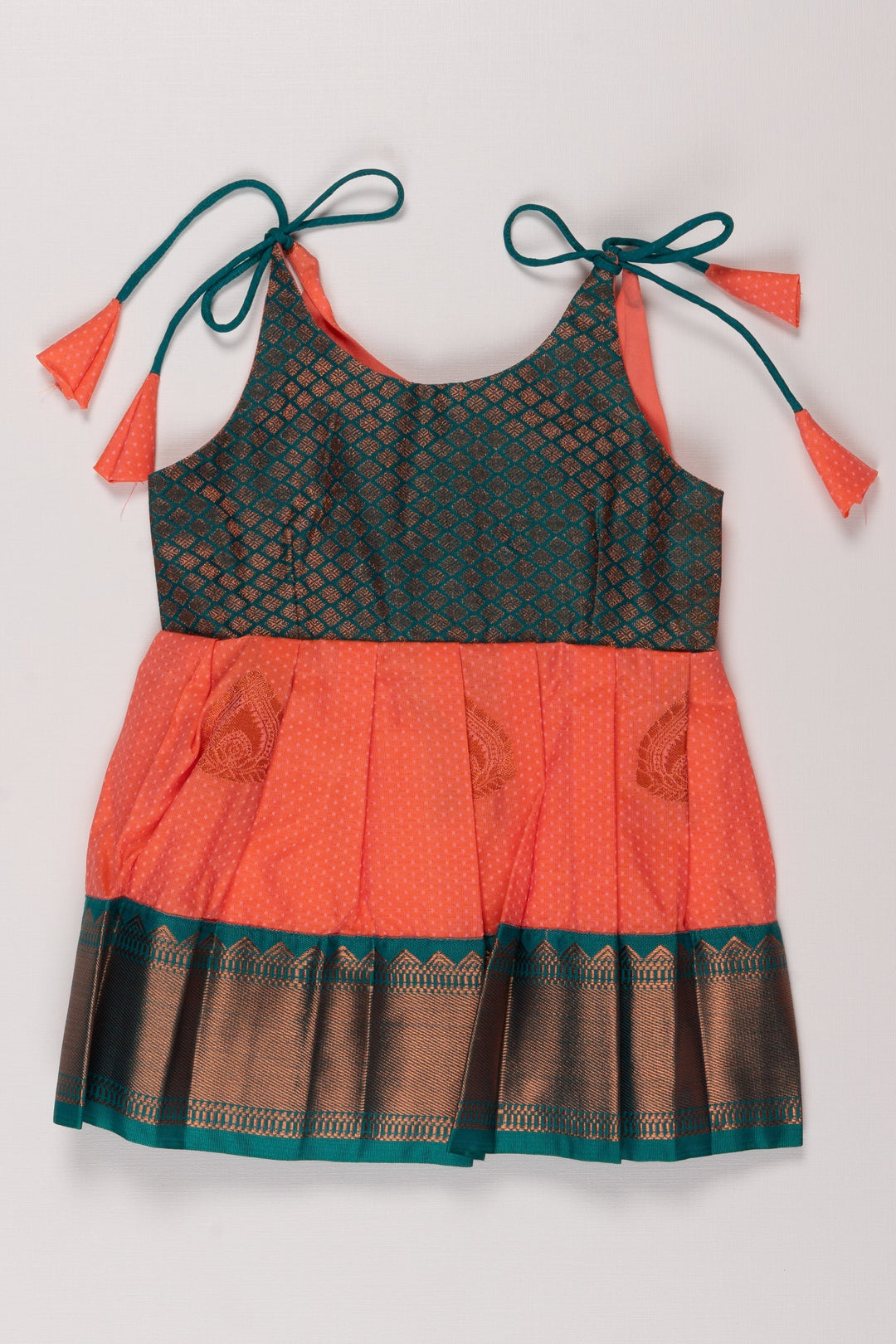 The Nesavu Tie Up Frock Nesavu Coral Gleam Silk Frock with Teal Accents and Traditional Zari Work Nesavu 14 (6M) / Pink / Style 4 T322D-14