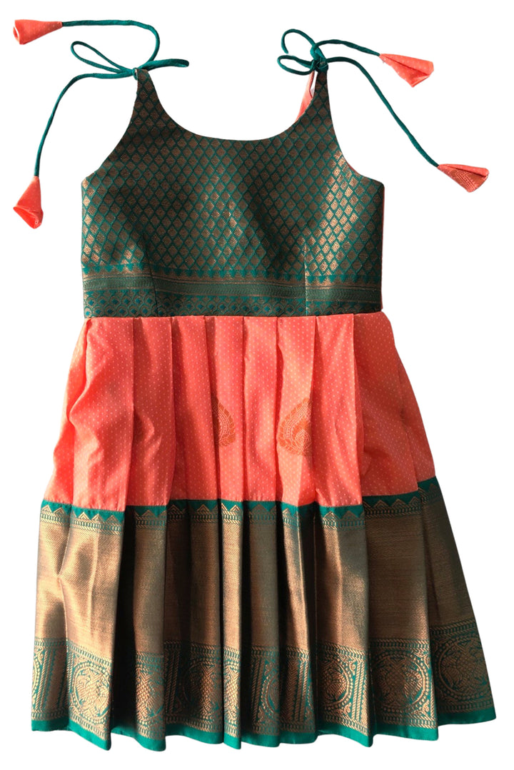 The Nesavu Tie Up Frock Nesavu Coral Gleam Silk Frock with Teal Accents and Traditional Zari Work Nesavu 18 (2Y) / Pink / Style 2 T322B-18