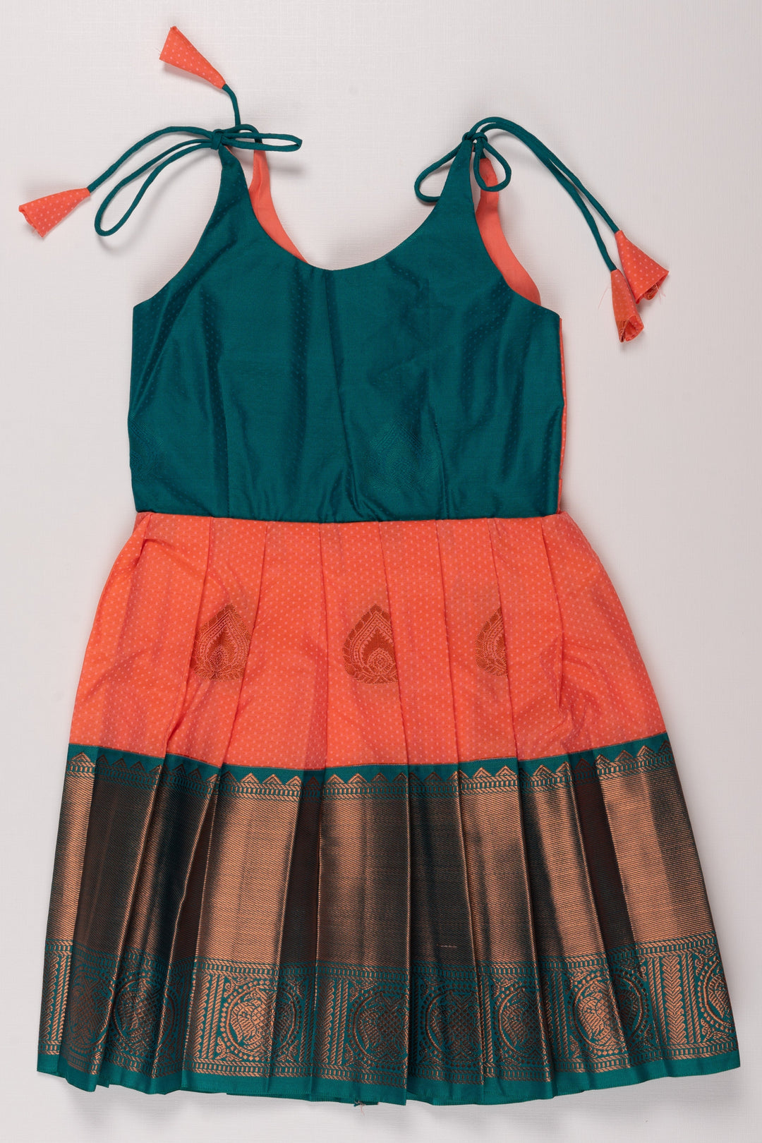 The Nesavu Tie Up Frock Nesavu Coral Gleam Silk Frock with Teal Accents and Traditional Zari Work Nesavu 20 (3Y) / Pink / Style 3 T322C-20