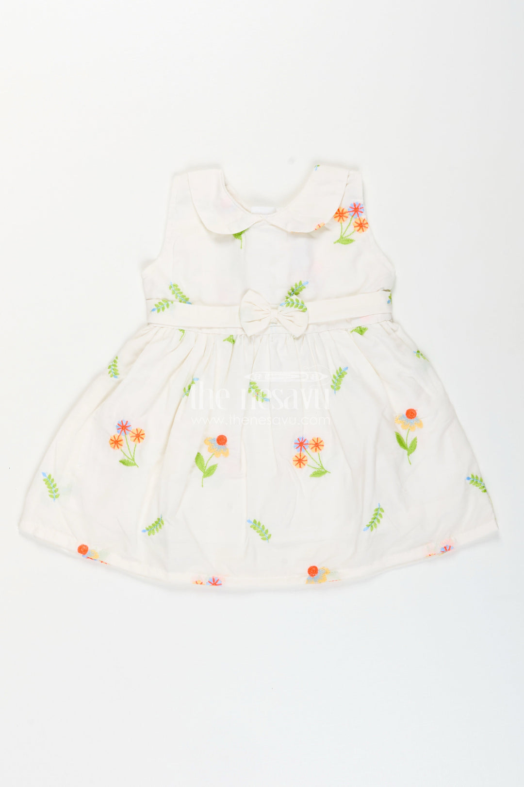 The Nesavu Baby Cotton Frocks Nesavu cotton baby girl frock with pastel floral embroidery and peter pan collar Nesavu 14 (6M) / White BFJ854B-14 Nesavu cotton baby girl frock with pastel floral embroidery and peter pan collar
