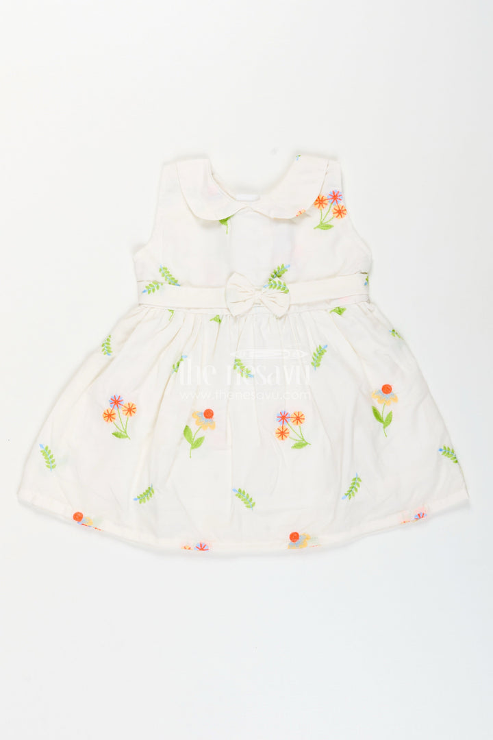 The Nesavu Baby Cotton Frocks Nesavu cotton baby girl frock with pastel floral embroidery and peter pan collar Nesavu 14 (6M) / White BFJ854B-14 Nesavu cotton baby girl frock with pastel floral embroidery and peter pan collar