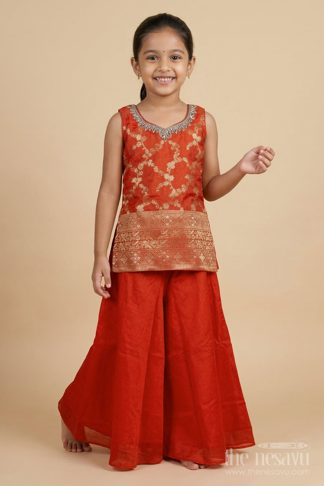 The Nesavu Girls Sharara / Plazo Set Nesavu Girls Plazo Set with Traditional Woven Yoke and Dupatta – Ideal for Weddings, Pujas, and Festive Events Nesavu 18 (2Y) / Orange / Georgette GPS958A-18 Nesavu girls plazo set with traditional woven yoke and dupatta – ideal for weddings, pujas, and festive events