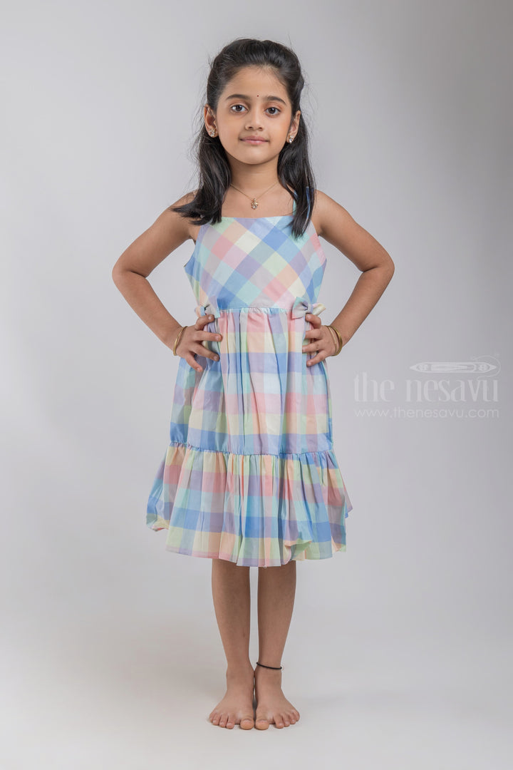 The Nesavu Girls Cotton Frock Nesavu Layered Pastel Colour Madras Checks Frock with Broad Strap and Bows For Girls GFC1093A psr silks Nesavu 16 (1Y) / multicolor / Cotton GFC1093A