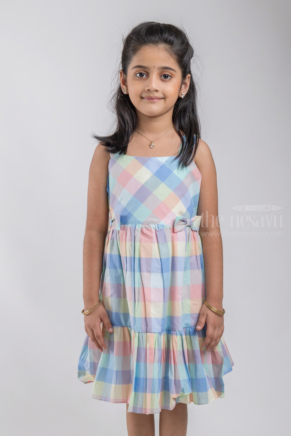 The Nesavu Girls Cotton Frock Nesavu Layered Pastel Colour Madras Checks Frock with Broad Strap and Bows For Girls GFC1093A psr silks Nesavu